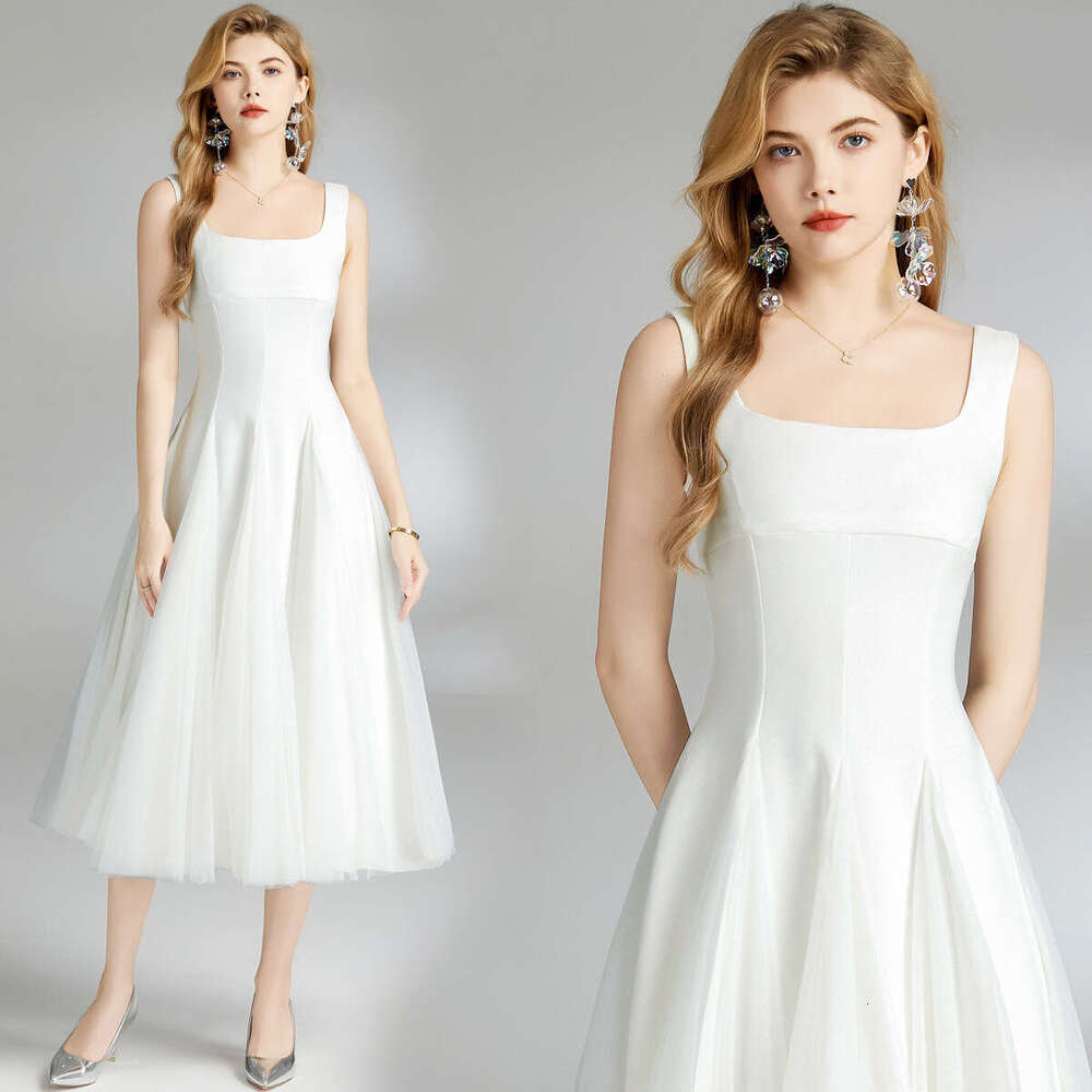 Designer women's A14 white spaghetti strap dress summer new patch mesh fluffy fairy high-end feeling wedding dress long skirt