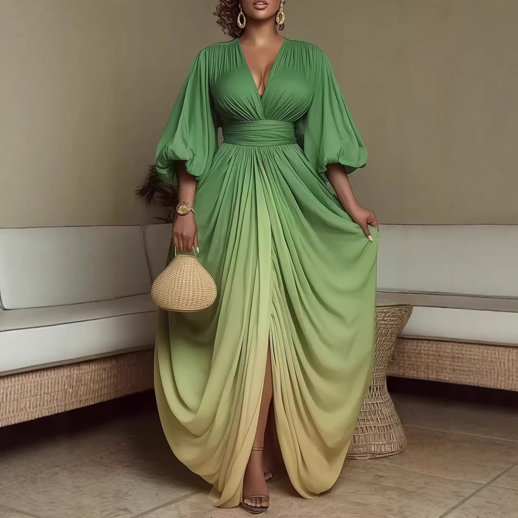 2026 European And American Designer Dress Spring/summer New V-neck Fashionable Elegant Printed Pleated Loose Slimming Flared Dress