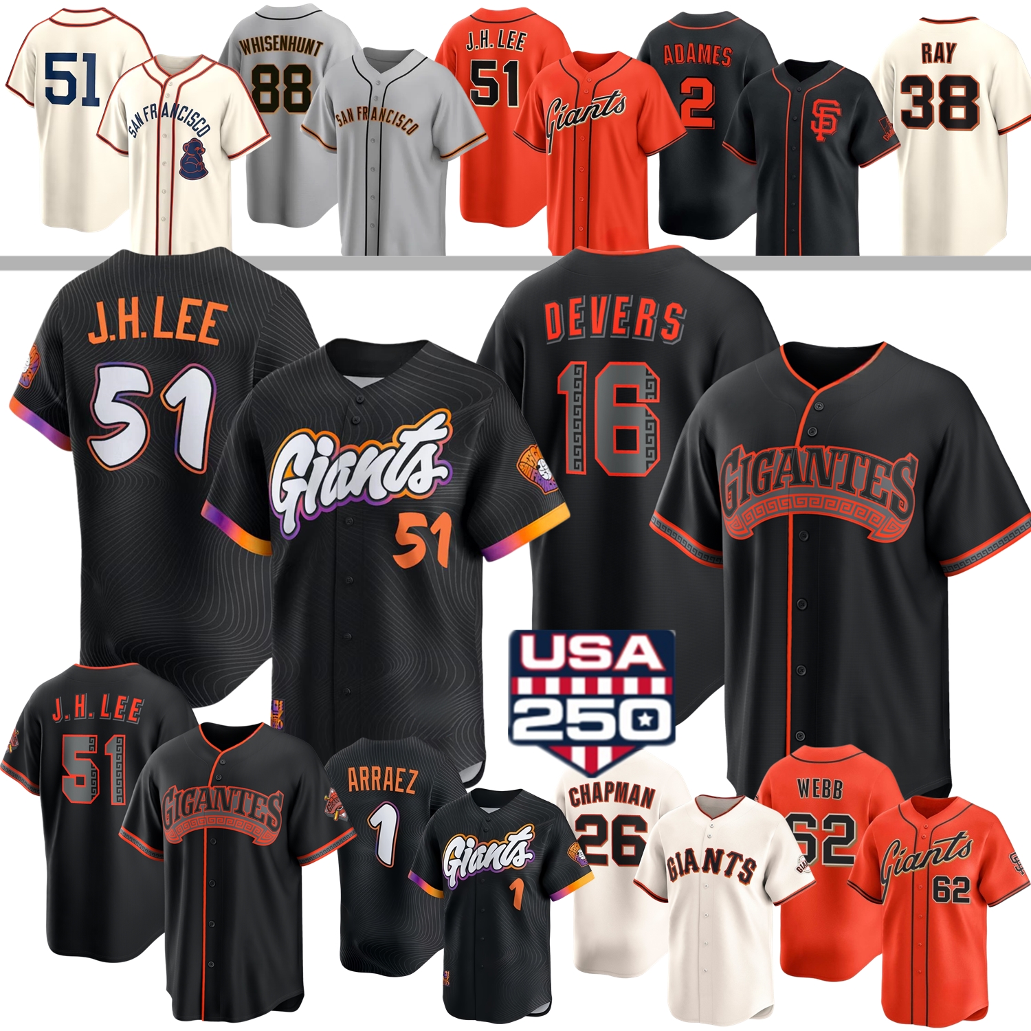 San Francisco GiantsS Jersey J. H. Lee Rafael Devers Bryce Eldridge Matt Chapman Luis Arraez Logan Webb Willie Mays Barry Bonds Adames Whisenhunt Bader Cartaya