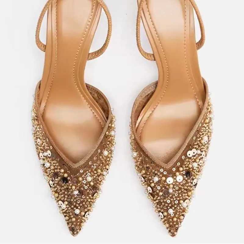 Designer Bling String Bead Mesh High Heels Women Sexy Pointy Toe Breathable Heeled Sandals Elegant Slingbacks Women Pumps C260321
