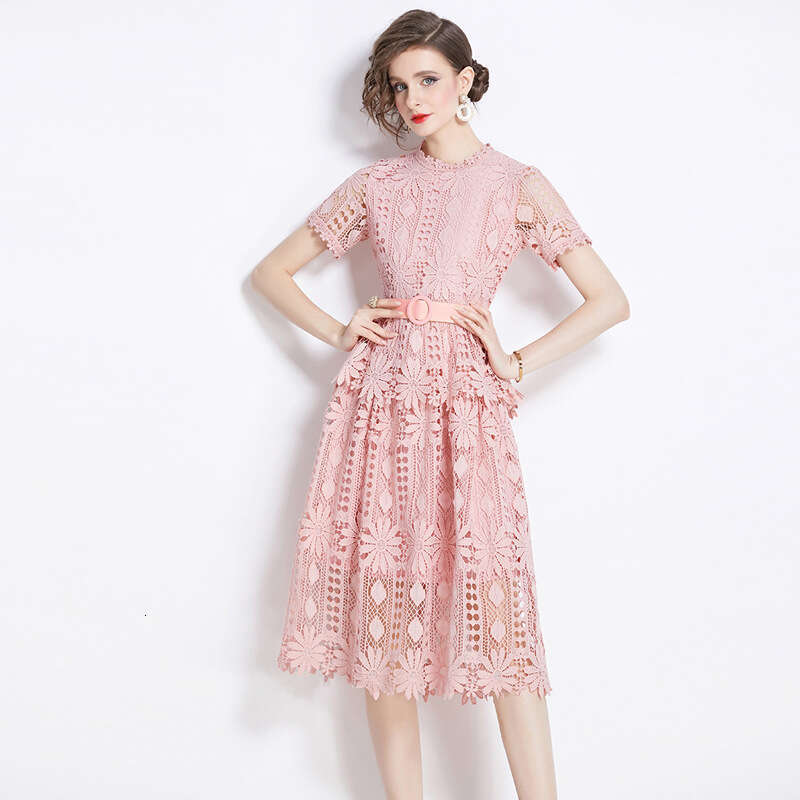 Designer retro palace k30 style short sleeved round neck waist slimming A-line crochet hollow lace elegant dress