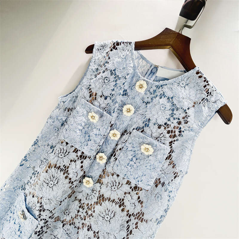 2026 Spring/Summer New Designer Blue Heavy duty Embroidered D7 Flower Lace Sleeveless A-line Dress