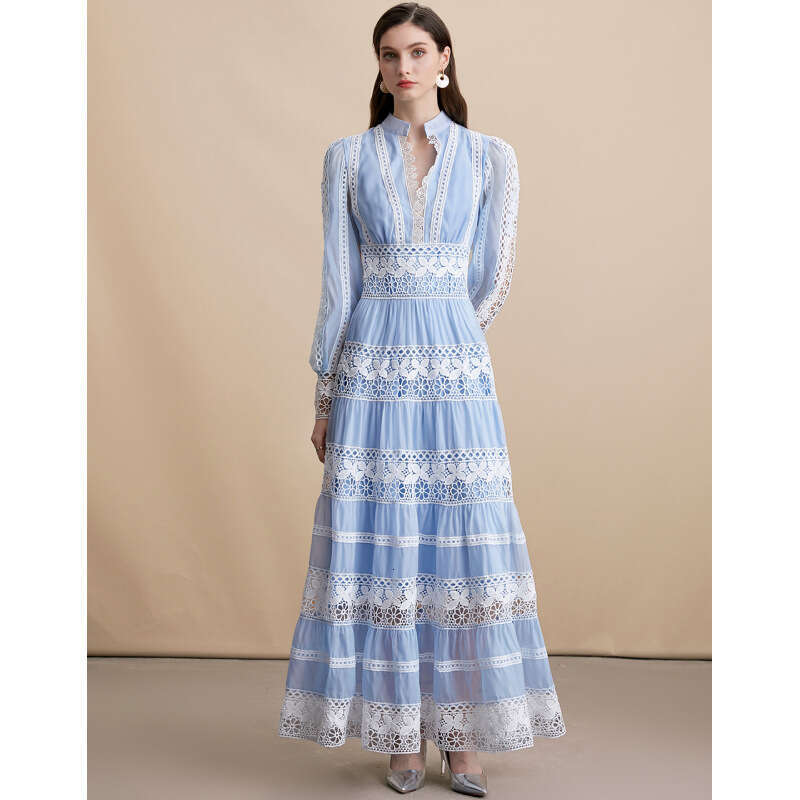 New B15 autumn and winter French long women's lace trimmed V-neck design lantern sleeves slim fit dress 2026