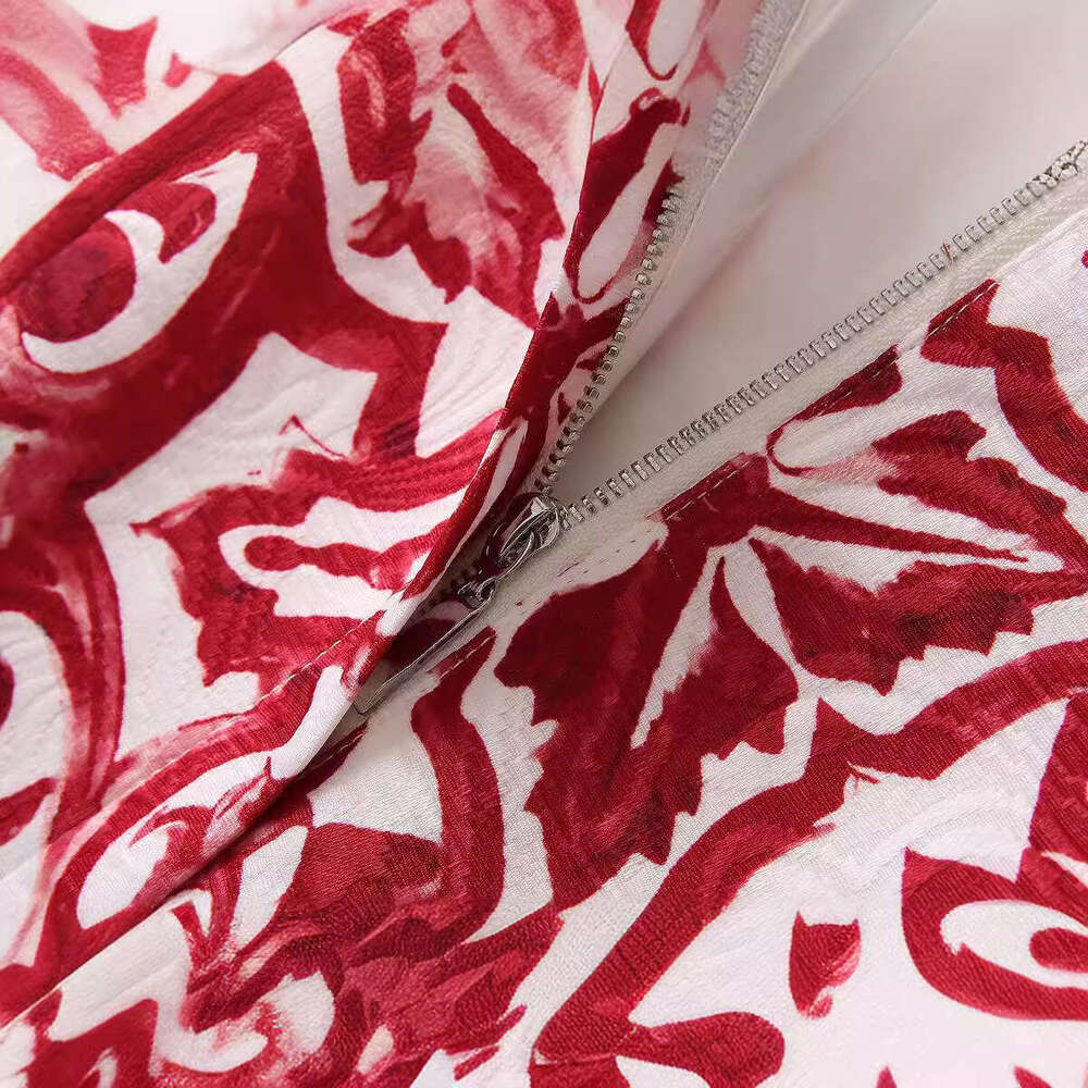 European and American new designer high-quality jacquard cotton red flower porcelain printed vest A13 A-line skirt women's clothing