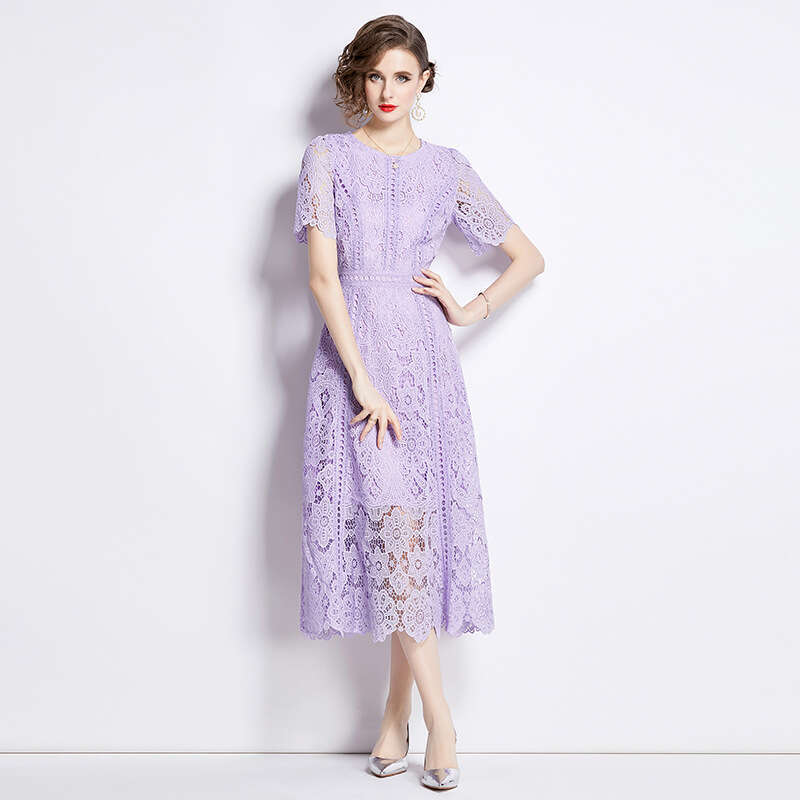 Summer new women's short sleeved lace dress, mid to long hook shaped hollow B15 out purple high waisted A-line dress, 2026