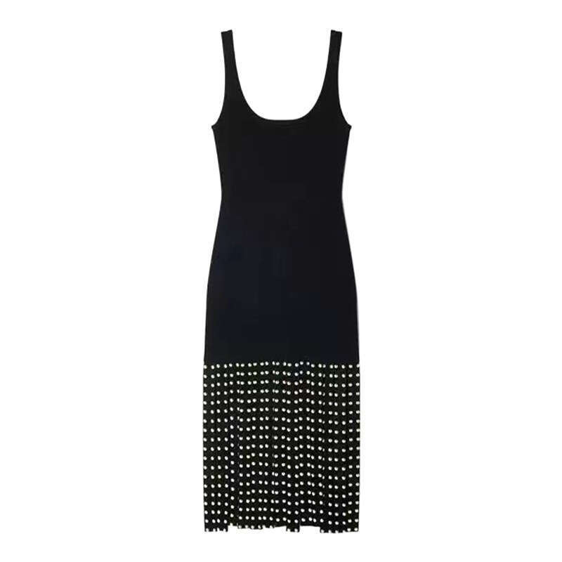2026 Spring New Black Heavy duty Water Diamond Decorative Splicing Tassel Bottom Vest Women's Knitted Dress