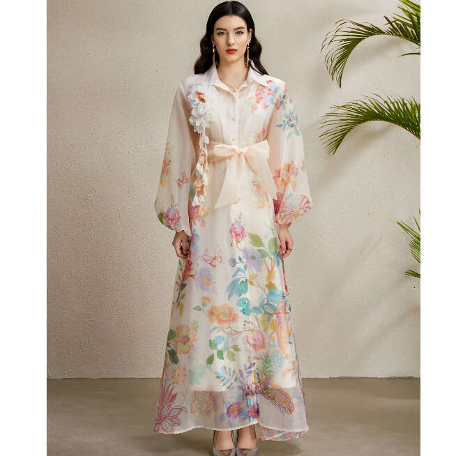 European and American women's clothing 2026 designer autumn three-dimensional floral B15 lantern sleeve long sleeved printed dress