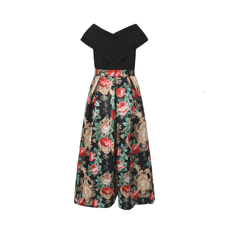 Designer women's off shoulder elegant palace style A14 fashionable dress, fashionable cross V-neck waist tied jacquard long skirt