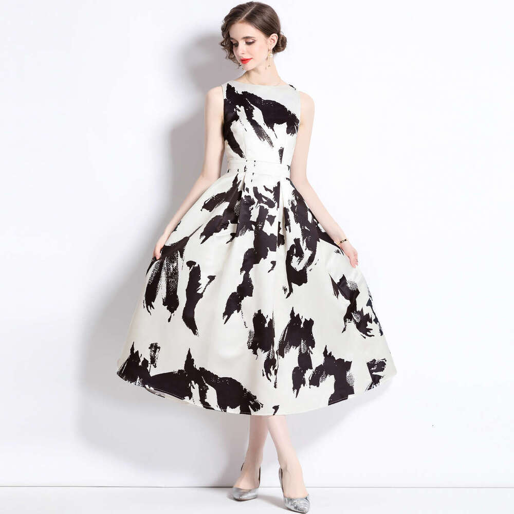 Summer new product: Ink art print round-neck sleeveless high-waisted A14 A-line Korean-style slimming dress for women with a flared skirt