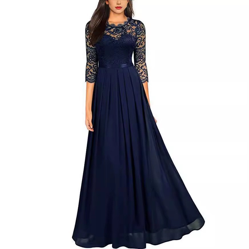 2026 Evening Dress European Designer Dress And American Style Patchwork Dress For Women Round Neck Lace Long Dress Elegant And Sophisticated