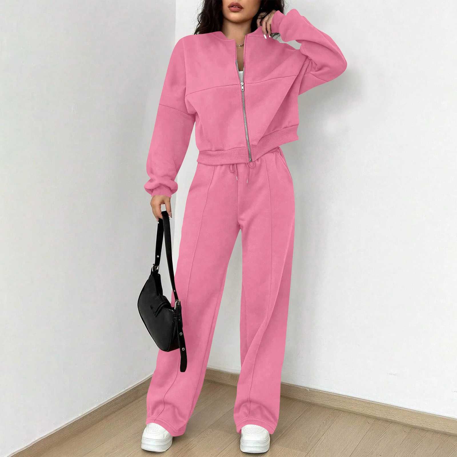 Women Fashion Solid Color Lapel Zipper Short Sleeve Coat Wide Leg Pants Two Piece Set Leisure Style Loose Comfy Sports Suit X260321 - view 6