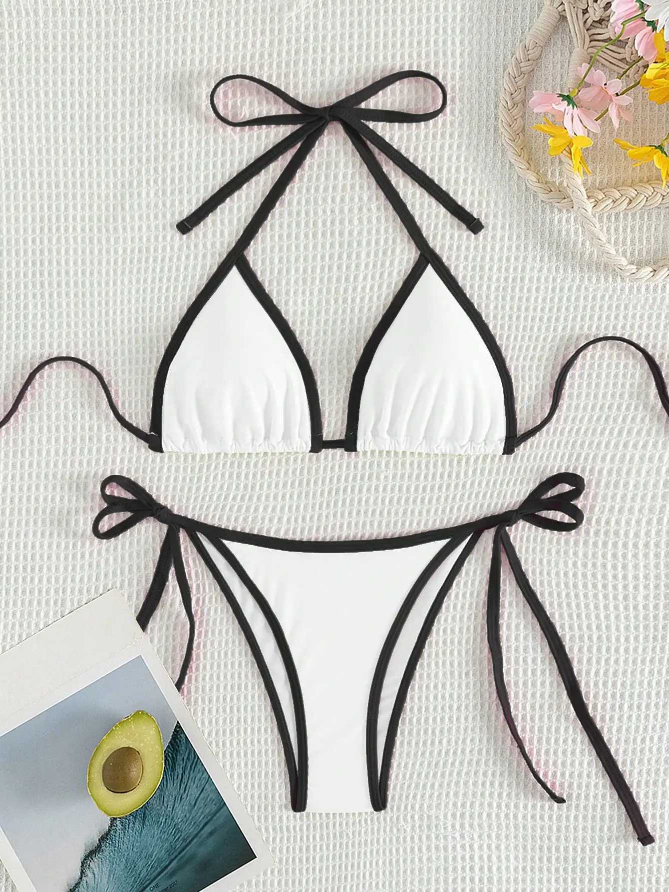 Summer white camisole bikini swimsuit set for swimming and beach photo shoot for women M260321