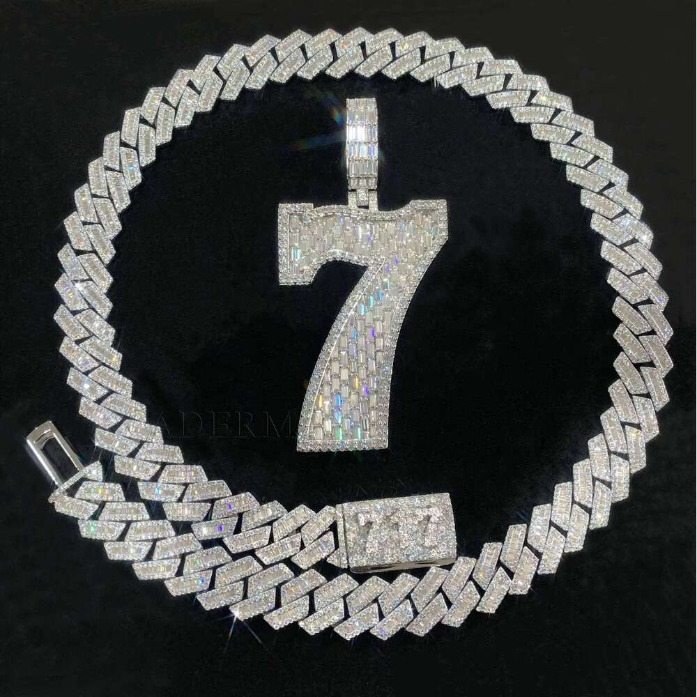 Hiphop Iced Out VVS Baguette Necklace 2.5In 7 Bling Rapper Moissanite Number Initial Pendant