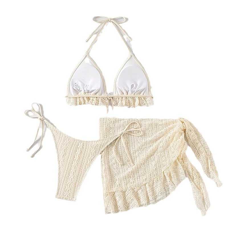 European and American new mesh solid color sexy bikini three-piece swimsuit womens beach skirt smock swimsuit M260321