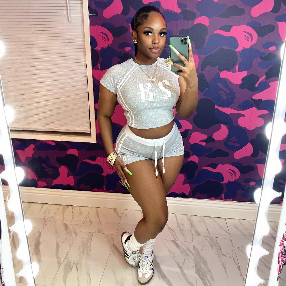 Retro Casual 2 Piece Sets Womens Outfits Spring Summer Digital Print Turn Down Collar Short Top Ribbed High-waisted Shorts Sets 250414