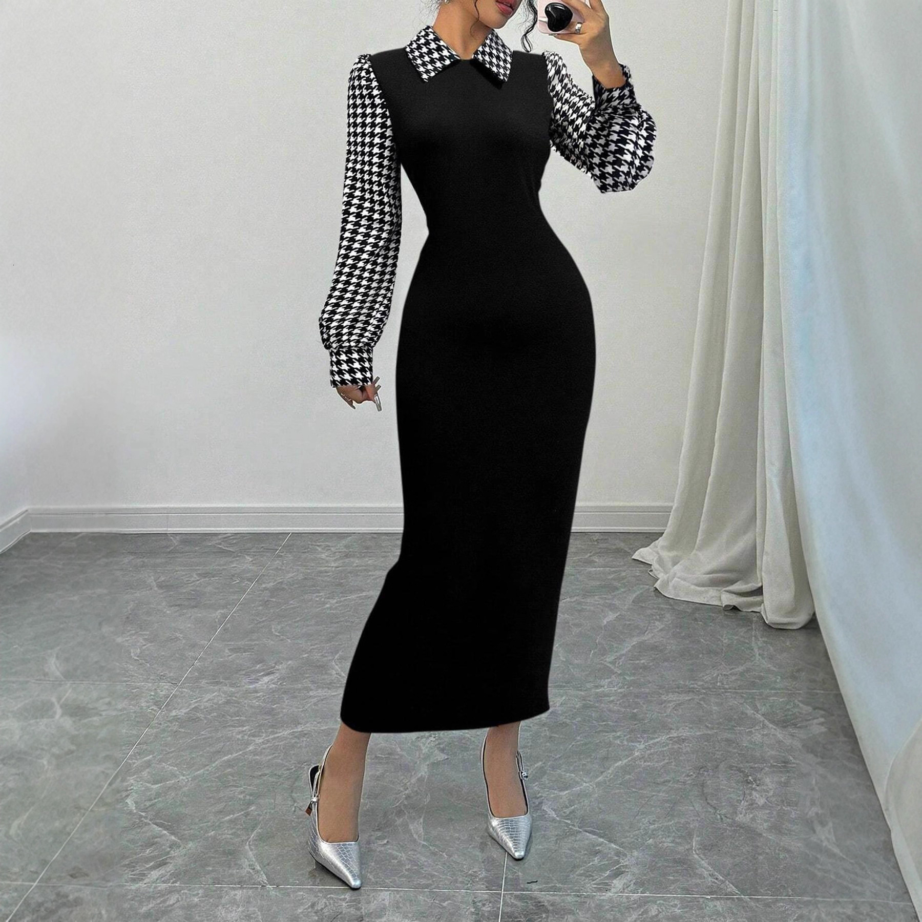 Women's European And American New Style Patchwork Waist-slimming Knit Dress Houndstooth Elegant Fashion Designer Dress Long Dress