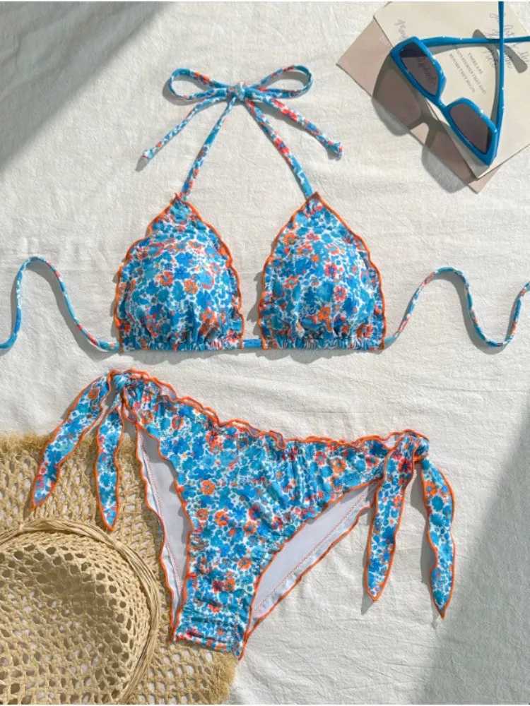 Cute Women Bikini Set 2025 New Summer Orange Floral Print Halter Ruffles Push Up Tie Side Thong Swimsuit Bathing Suit M260321