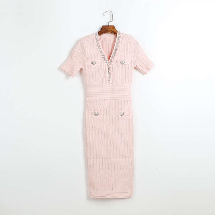 Designer French pink short sleeved summer V-neck diamond trimmed double pocket knitted slim k30 fit dress