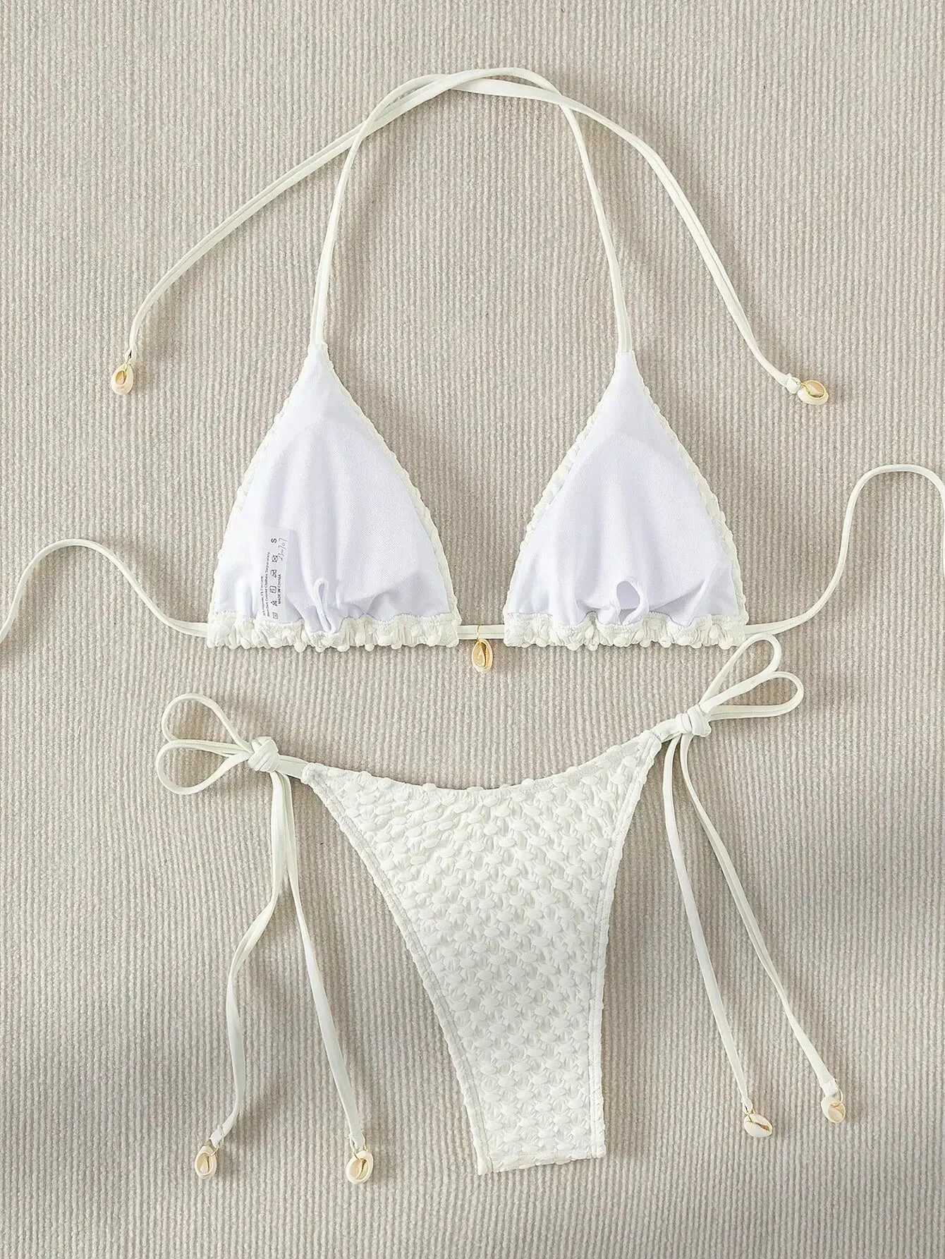 Fashion Sexy Shell Push Up Bikini Set White Black Tie Side Micro Triangle Swimwear for Girl Women M260321