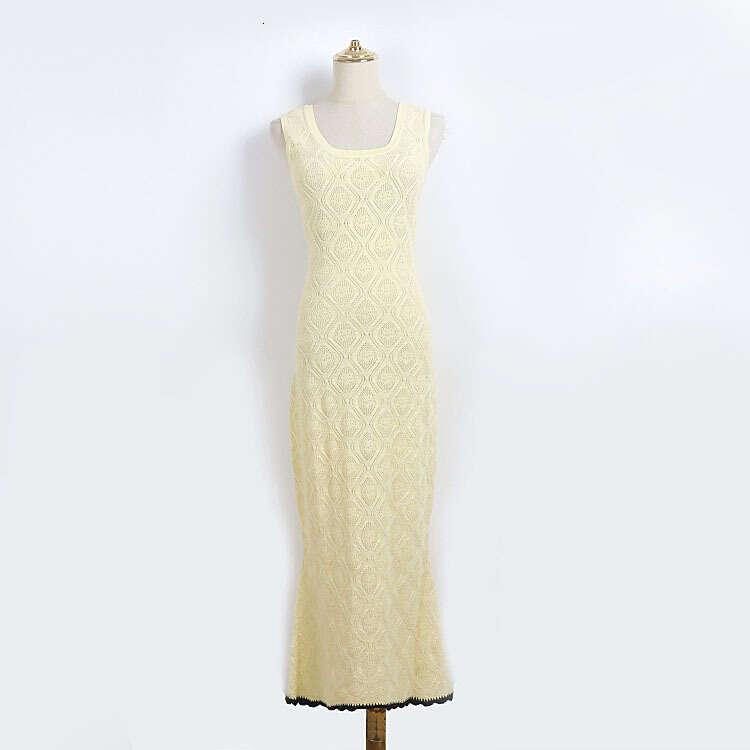 Summer Designer Fashionable Sleeveless Knitted Collar Diamond Jacquard Wave Edge Hem Dress for Date k30 and Vacation Slimming