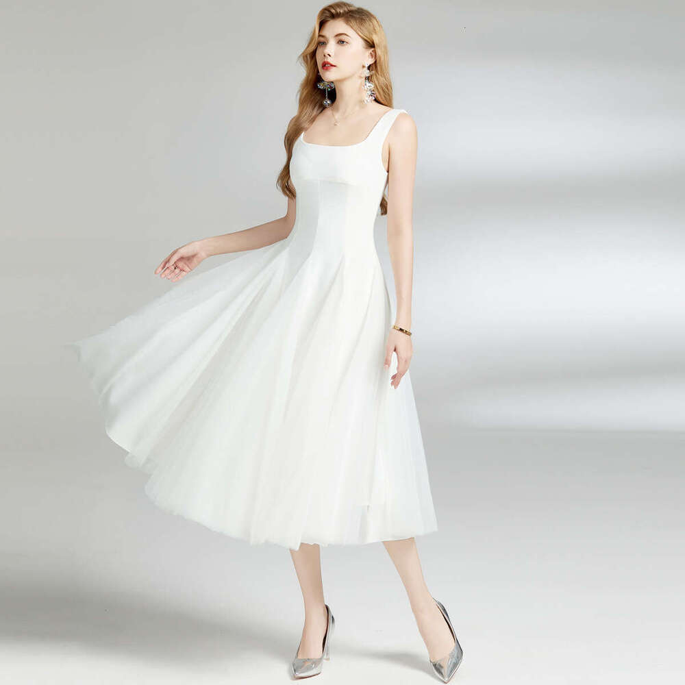 Designer women's A14 white spaghetti strap dress summer new patch mesh fluffy fairy high-end feeling wedding dress long skirt