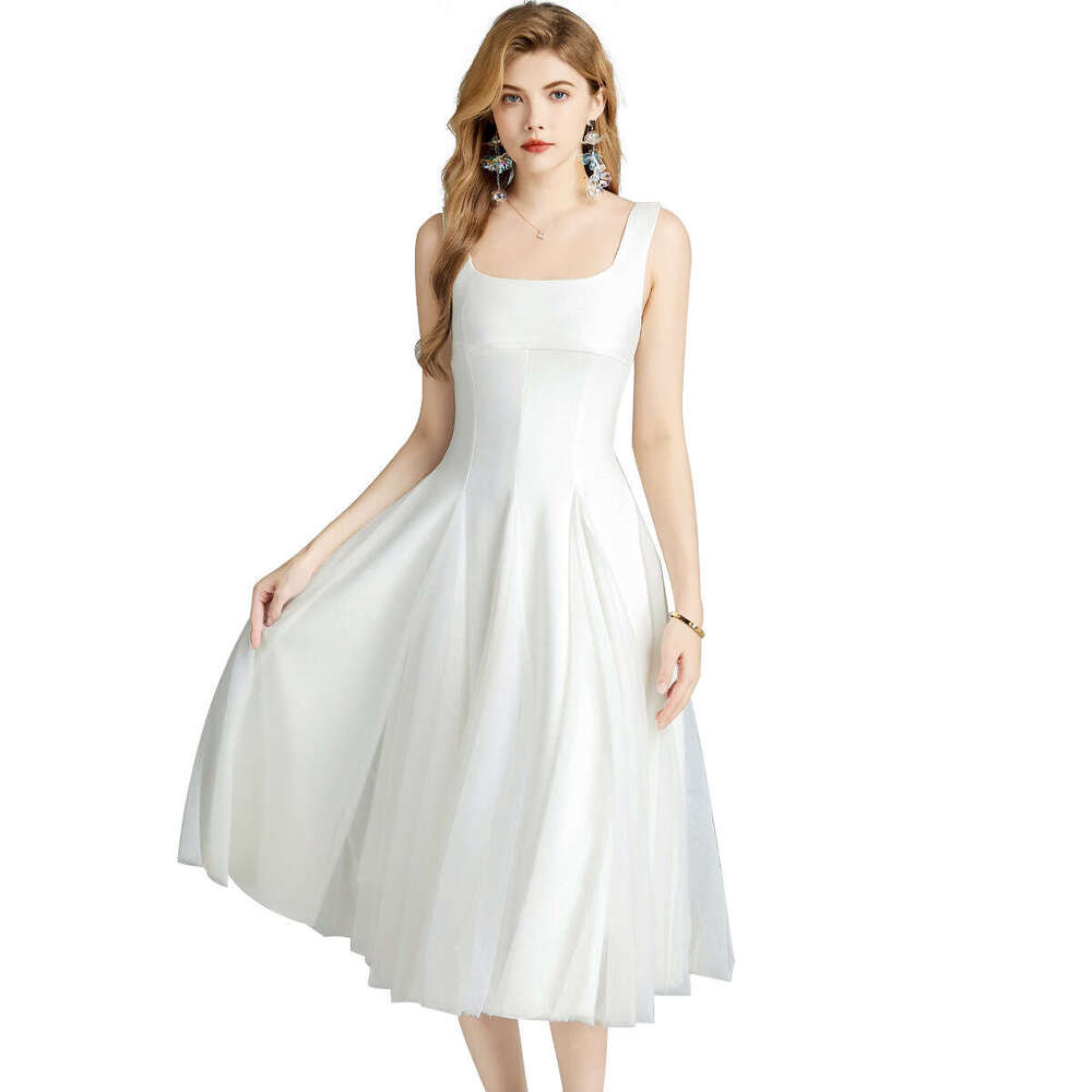 Designer women's A14 white spaghetti strap dress summer new patch mesh fluffy fairy high-end feeling wedding dress long skirt