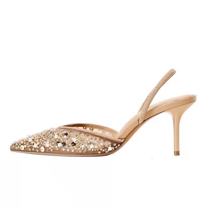 Designer Bling String Bead Mesh High Heels Women Sexy Pointy Toe Breathable Heeled Sandals Elegant Slingbacks Women Pumps C260321