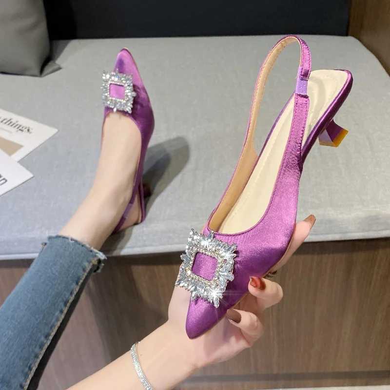 Square Back Hollow Stiletto Heel Pointed Toe Shoes Baotou Sandals for Women New Summer Rhinestone C260321