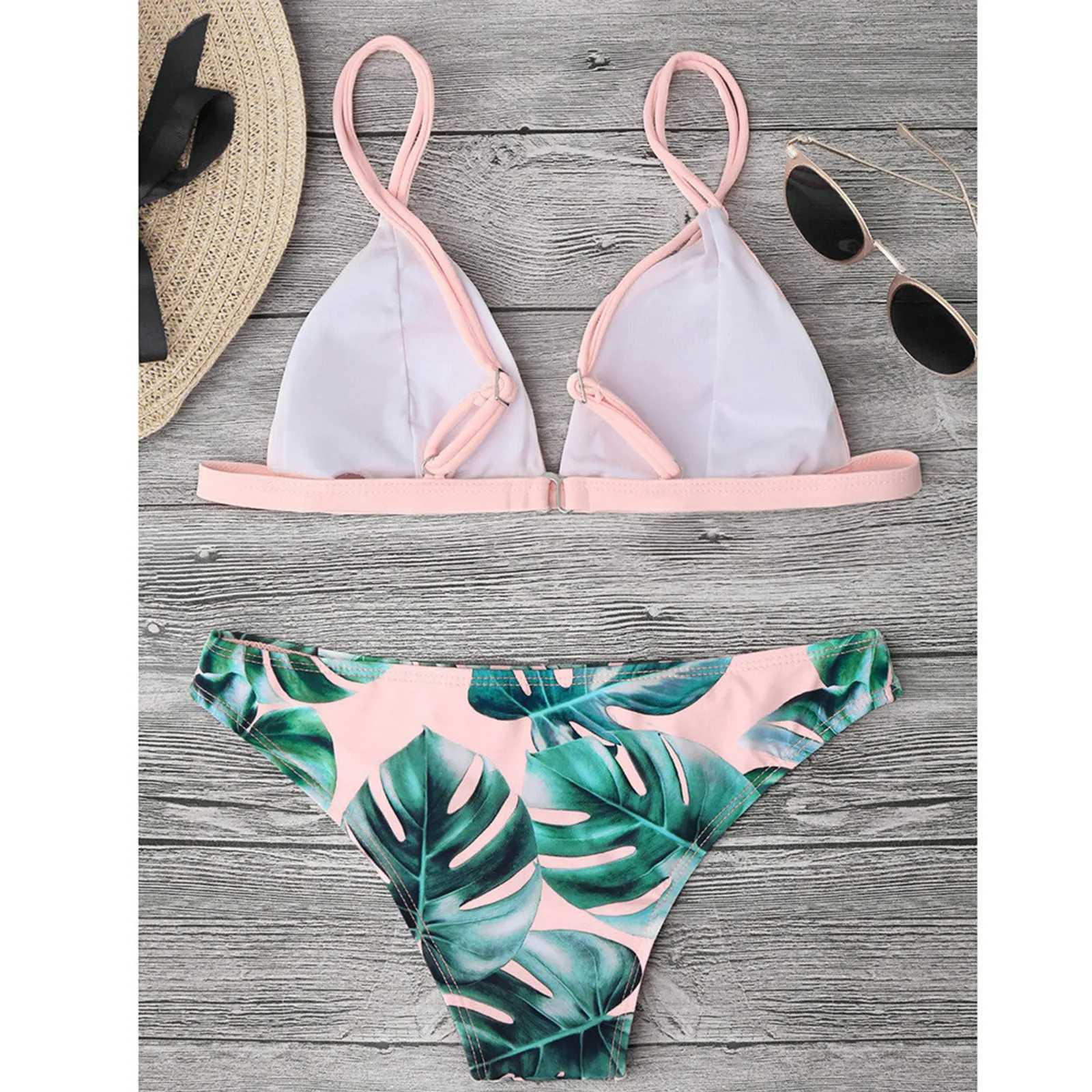 Leaves Print Bikinis Set For Women Swimwear 2024 Padded Push-Up Beachwear Bather Bathing Set Beachwear Summer Bikini Set Femme M260321