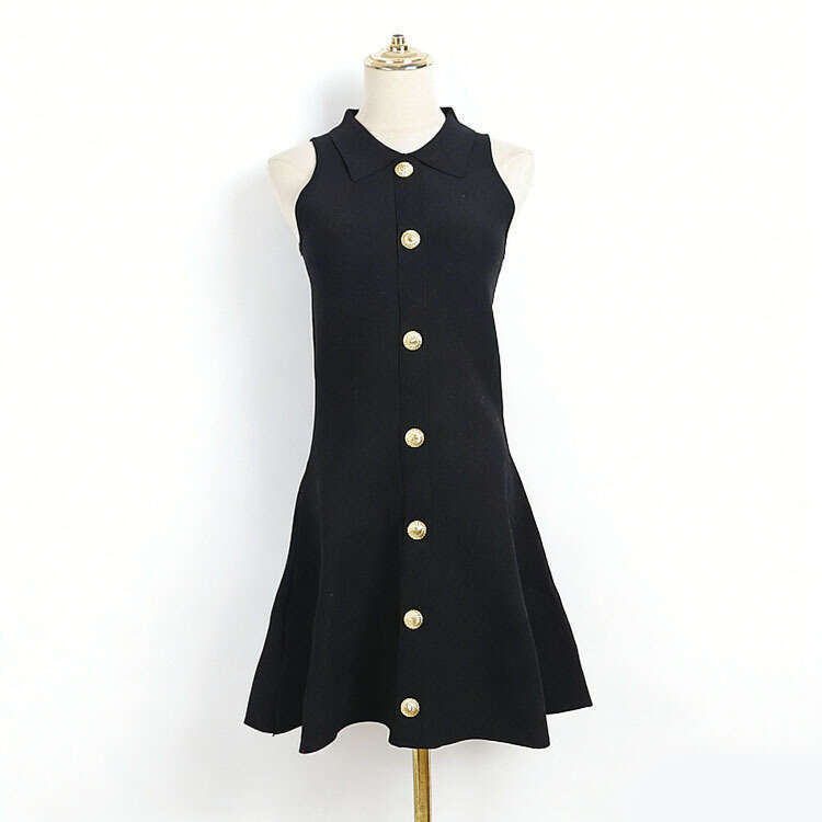 A12 Designer's new sleeveless knitted dress with fold over collar, metal single breasted waistband, A-line skirt