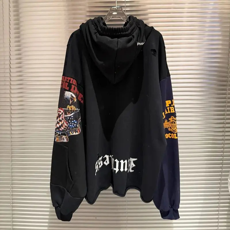 Black Grey Fashion Streetwear Eagle Protocol index Hoodies Men Woman Vintage Damaged Hole Old Sweatshirts Good Quality 260318