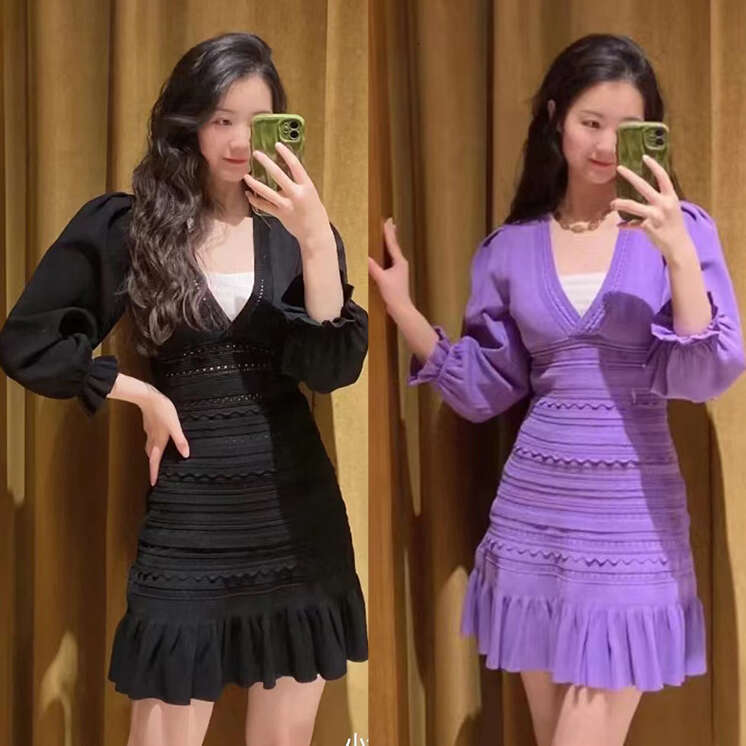 2026 Spring New Designer French Elegant Lantern Sleeve V-neck Slim k30 Knitted Dress