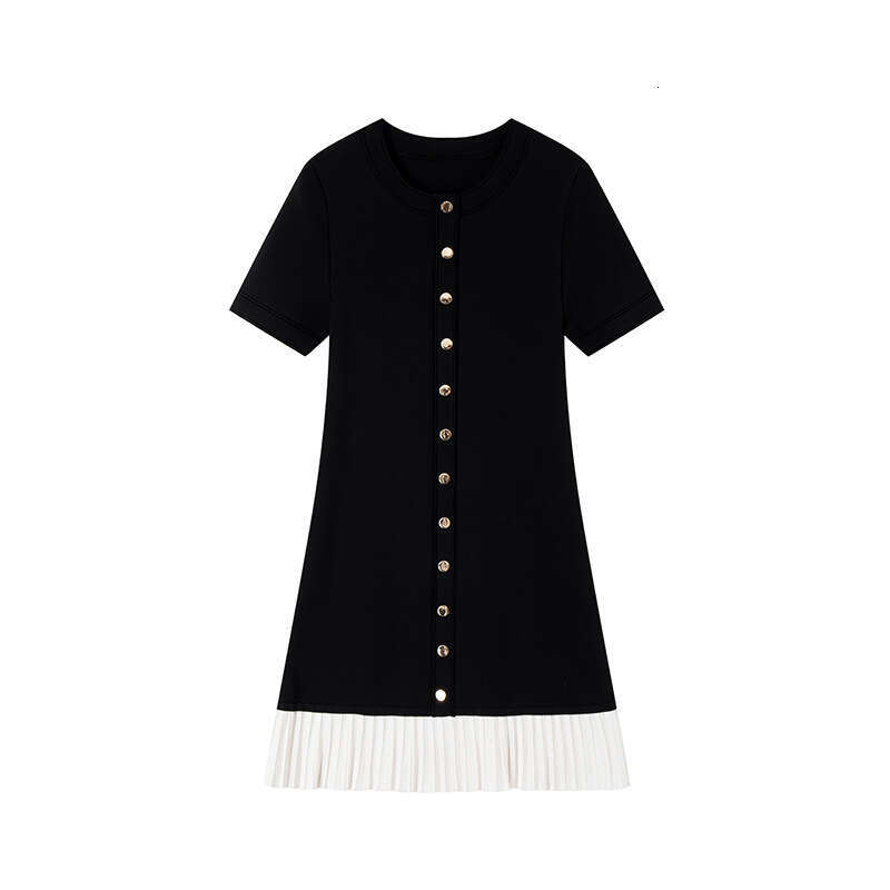 Designer's high-end elegant A11 women's French black and white color block round neck sleeves, single breasted pleated skirt, knitted short 