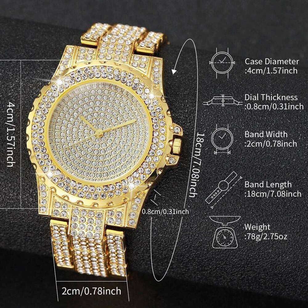 3 Pcs/Set Luxury Full Diamond Watches Gold Steel Band Analog Quartz Necklace Bracelet Set Men's Watch