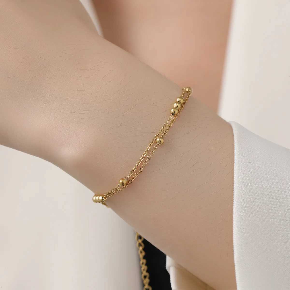 Gold Plated Small Round Beads Retro Double Layer Stainless Steel Jewelry for Women Birthday H260321 - view 6