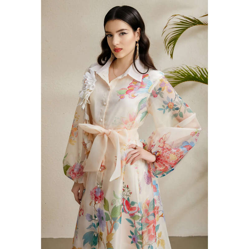 European and American women's clothing 2026 designer autumn three-dimensional floral B15 lantern sleeve long sleeved printed dress