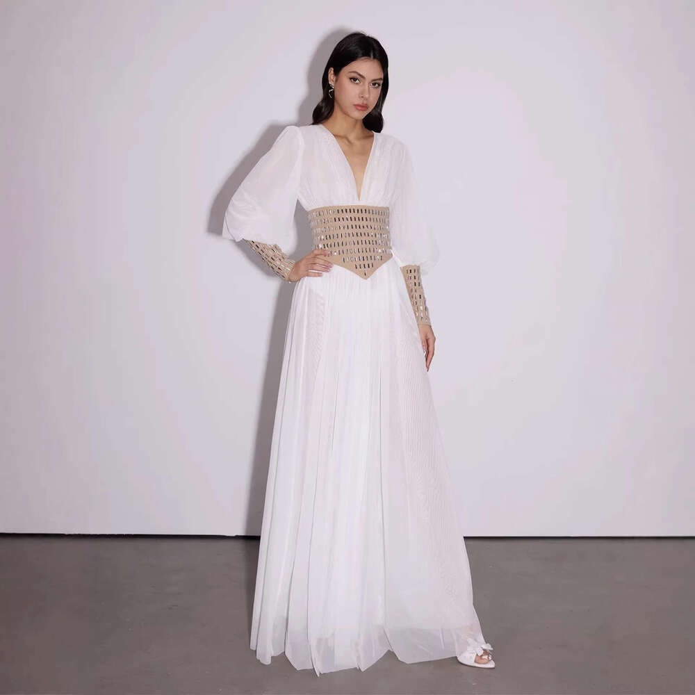 2026 Spring New Designer Bohemian A4 Style V-neck Hollow Lantern Sleeve Waist Fashion Long Dress