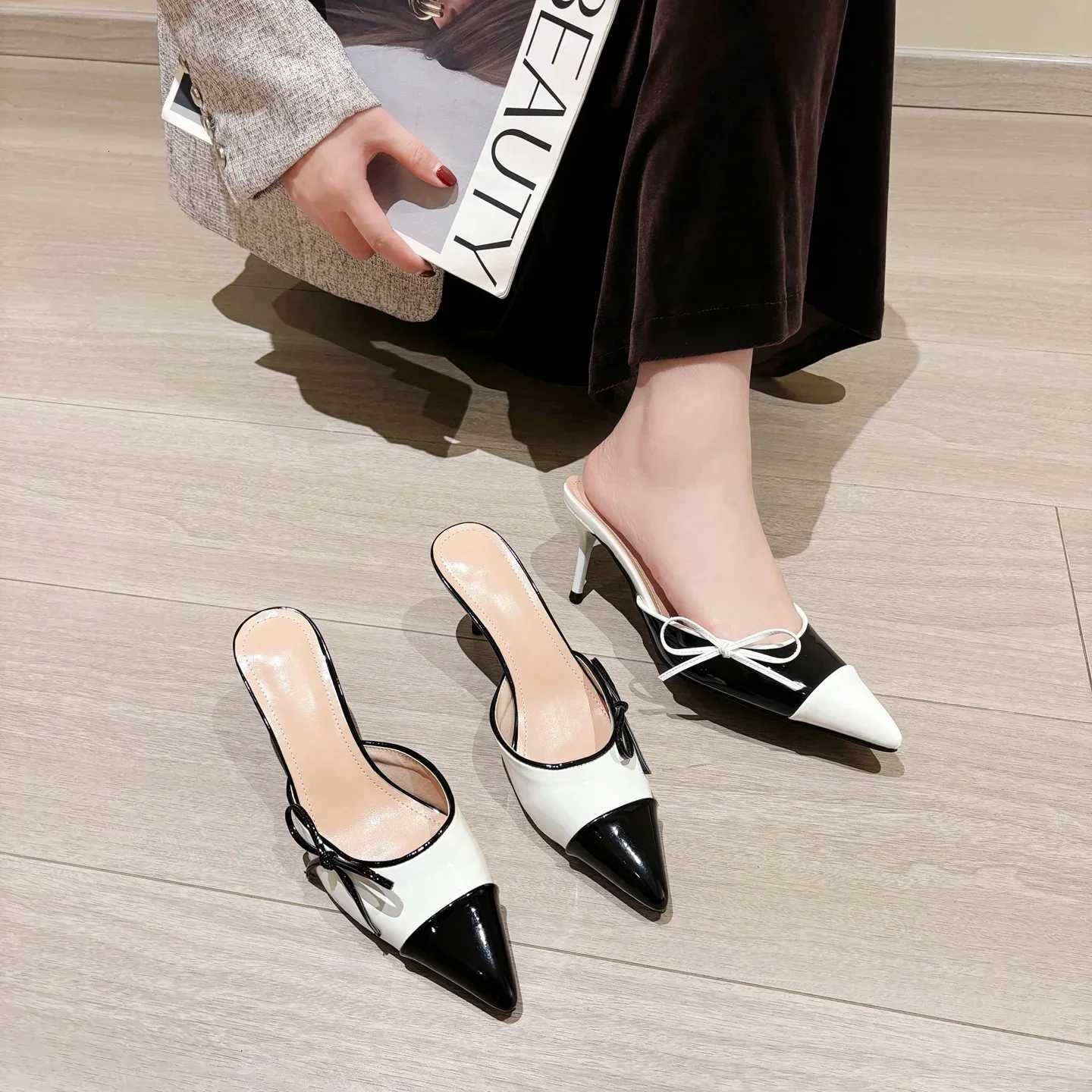 2025 New High-heeled 7CM Sandals for Women Color Blocked Butterfly Bow Pointed Plus Size Womens Shoes C260321