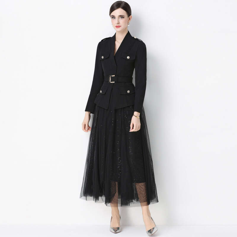 Designer Women's Fashion Suit High A14 end Texture Elegant Long sleeved Top Mesh Half skirt Two piece Set with Belt