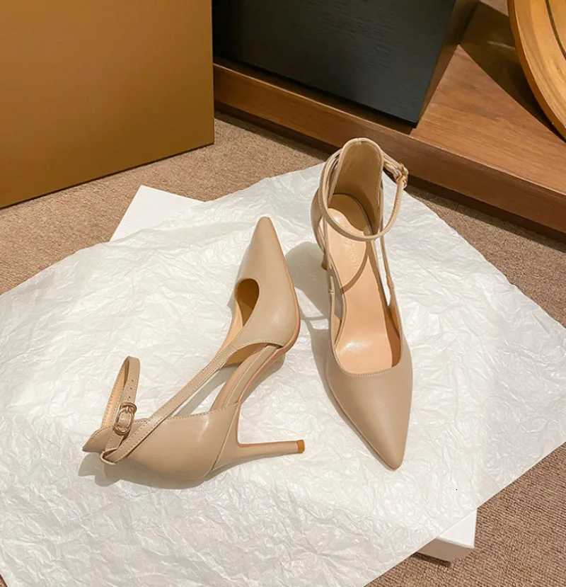 Ankle Strap Pointed Toe Women Slingback Pumps Black Matte Leather Hollow Stiletto High Heels Sandals 6CM and 8CM C260321