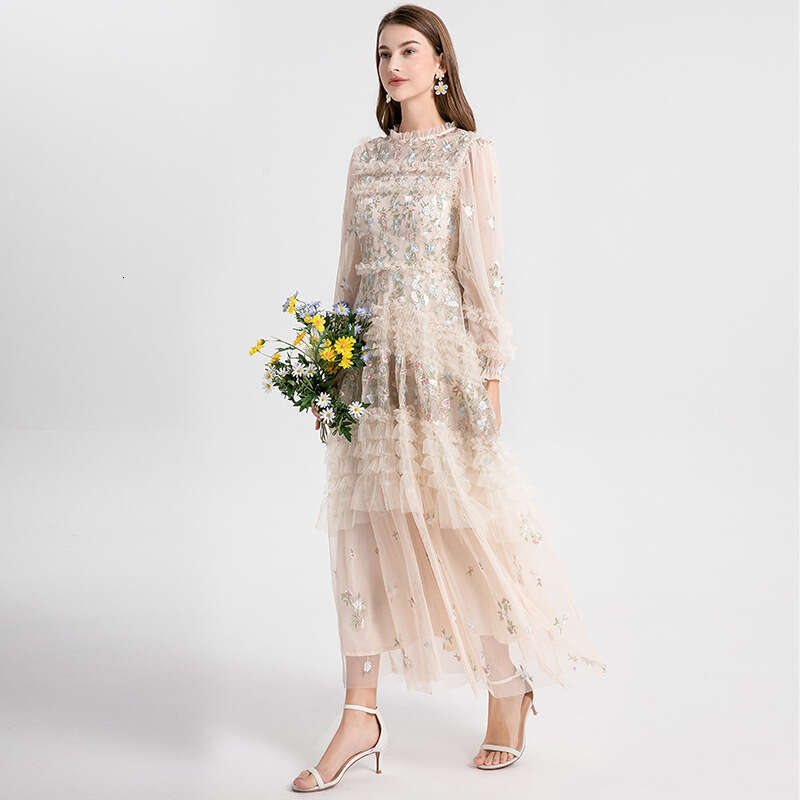 2026 luxury high-end evening dress k30 women's dress features exquisite mesh embroidery and pleated hem layered design