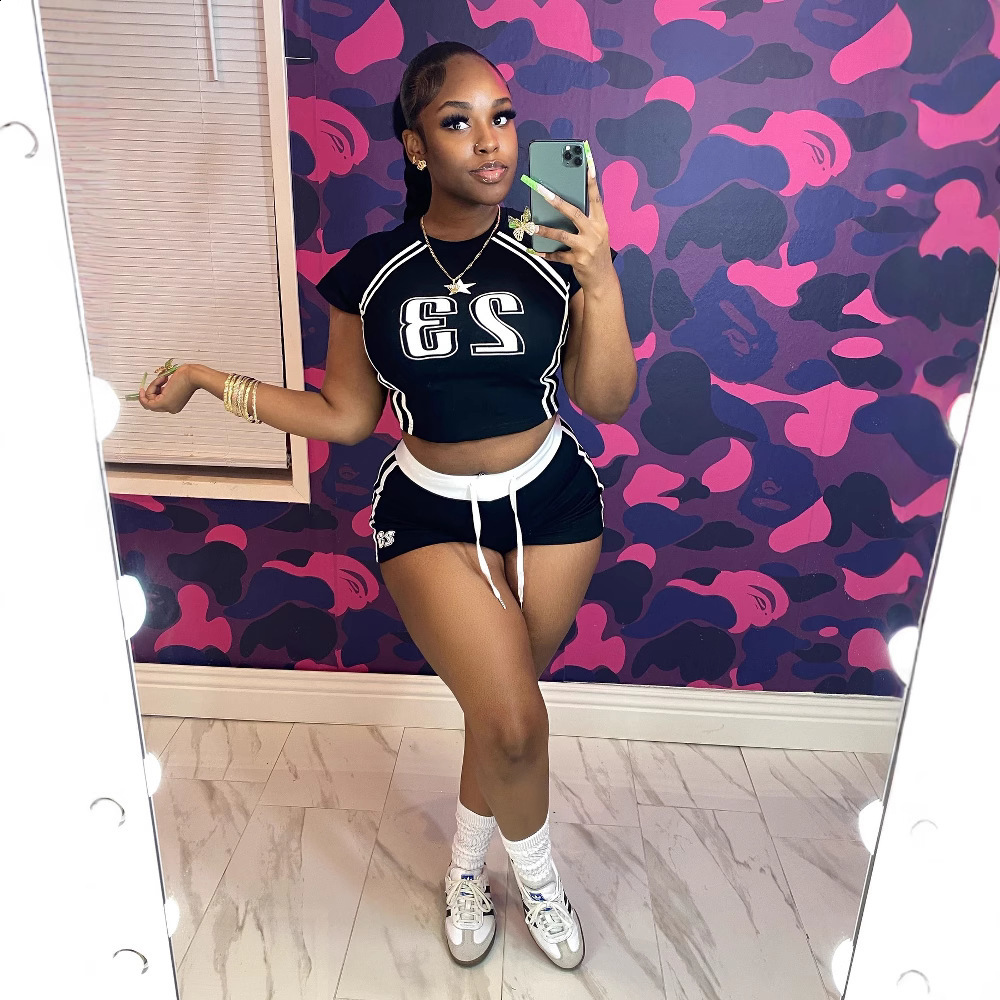 Retro Casual 2 Piece Sets Womens Outfits Spring Summer Digital Print Turn Down Collar Short Top Ribbed High-waisted Shorts Sets 250414