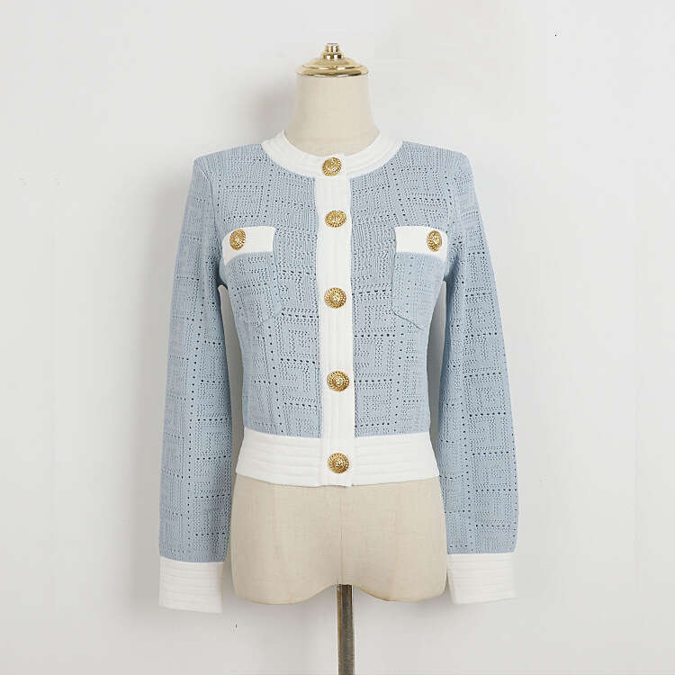 Designer French hollowed out jacquard cardigan A12 with metal lion buttons and contrasting colors paired with backless vest