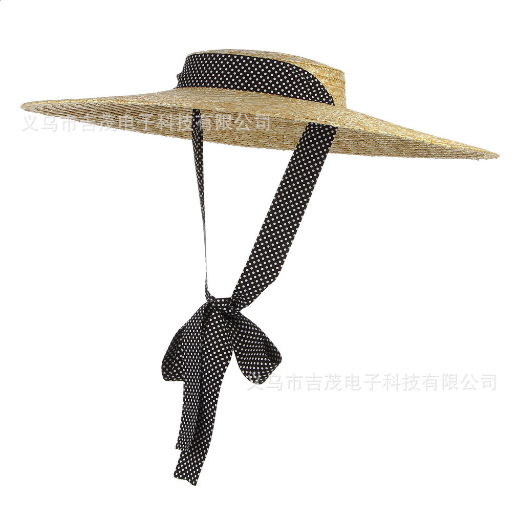 Vintage Large Brim Straw Hat for Women Flat Top Summer Beach Cap Shallow Crown Boater Sun Hats Ribbon Tie Wicker Hat 220601