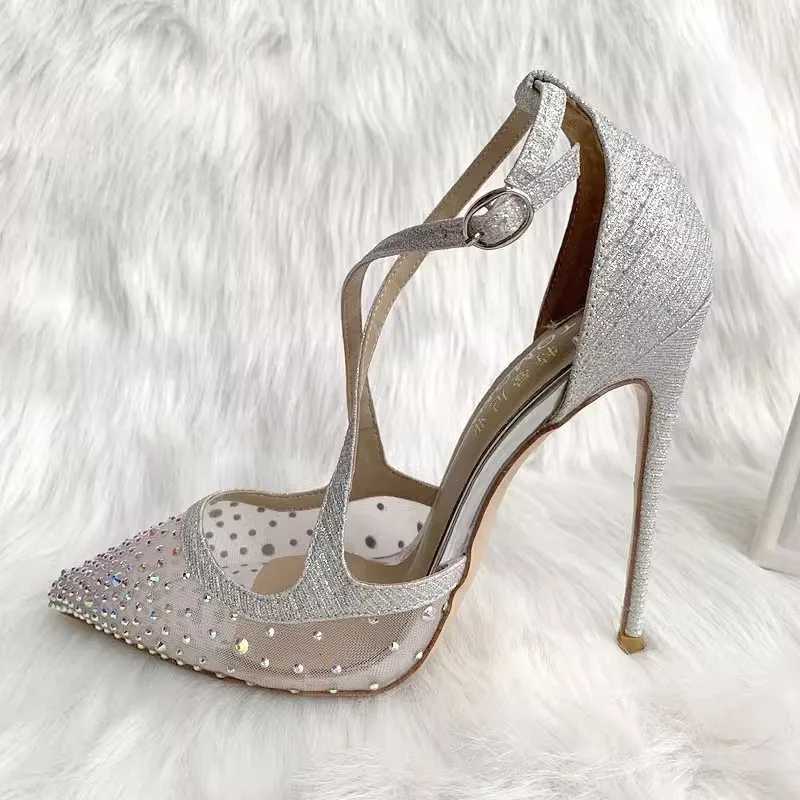 Summer pointed shallow mesh rhinestone sequins thin belt single shoes thin high-heeled dress large size small size women sandals C260321