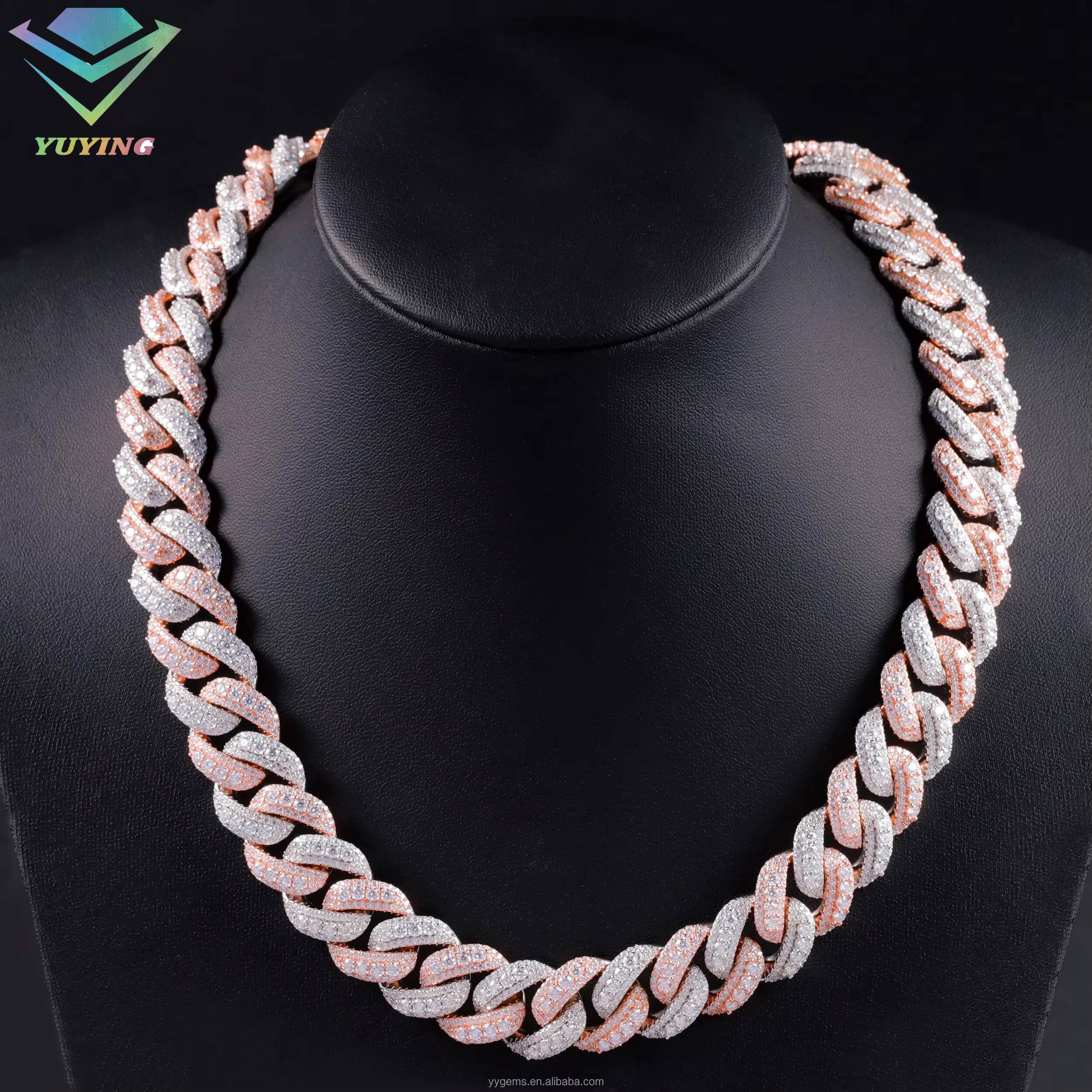 Rose Gold 2 Tones Raised Moissanite 14/16/18MM Wide Iced Out 3 Rows Cuban Link Chains 925 Silver VVS Moissanite Hip Hop Chains