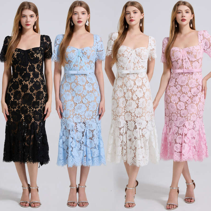Designer French court style high-end k30 blue lace dress, sexy square neck fishtail long skirt, new women's model