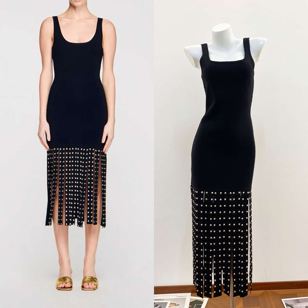 2026 Spring New Black Heavy duty Water Diamond Decorative Splicing Tassel Bottom Vest Women's Knitted Dress