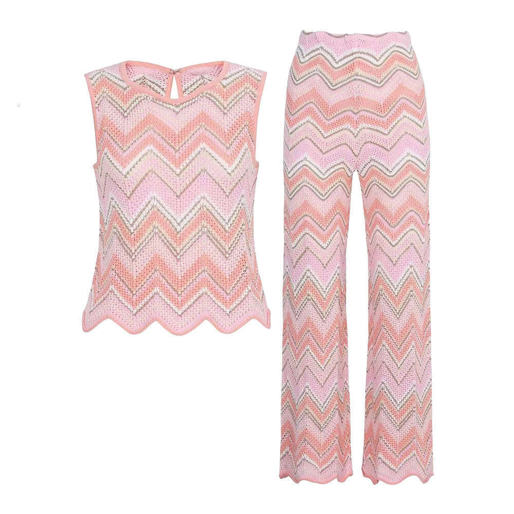 2026 Spring and Summer Designer e22 Fashion Wave Pattern Hollow Knitted Short Tank Top Pants Set