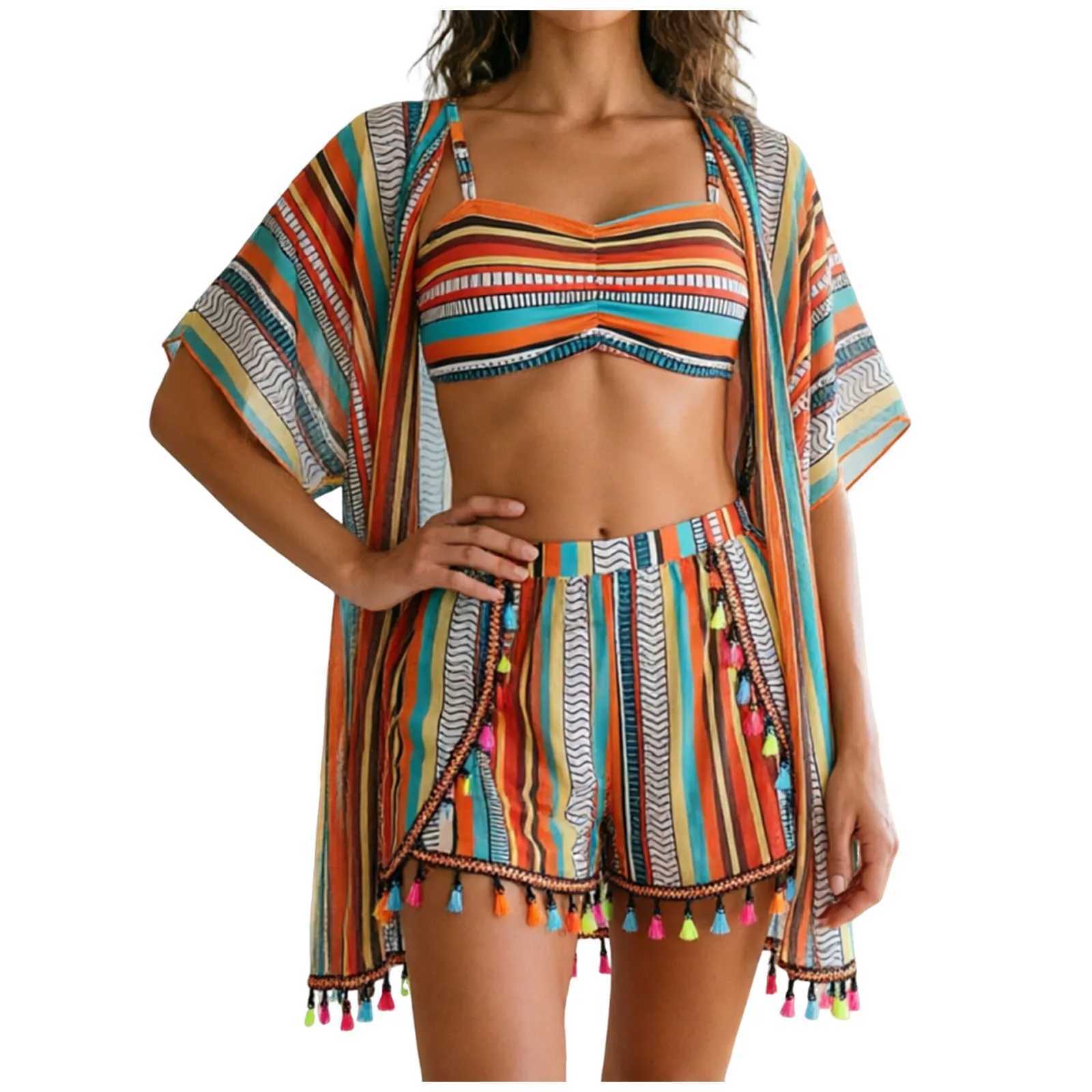 4 Piece Bikini Set 2026 Women Swimsuits Boho Tassels Sunscreen Blouse Cover Up Beach Shorts Bathing Suit Holiday Swimwear M260321